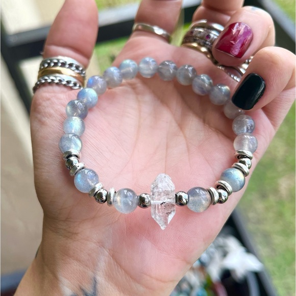 Herkimer diamond iridescent labradorite boho bead crystal quartz gems bracelet - Picture 10 of 16